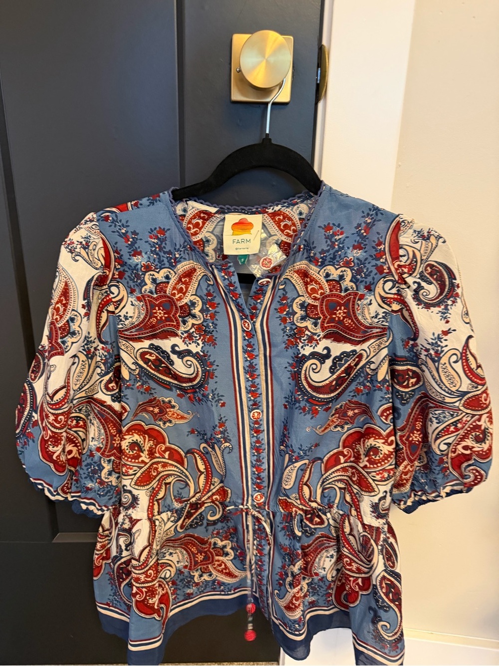 FARM Rio Blue Red Paisley Peasant Blouse